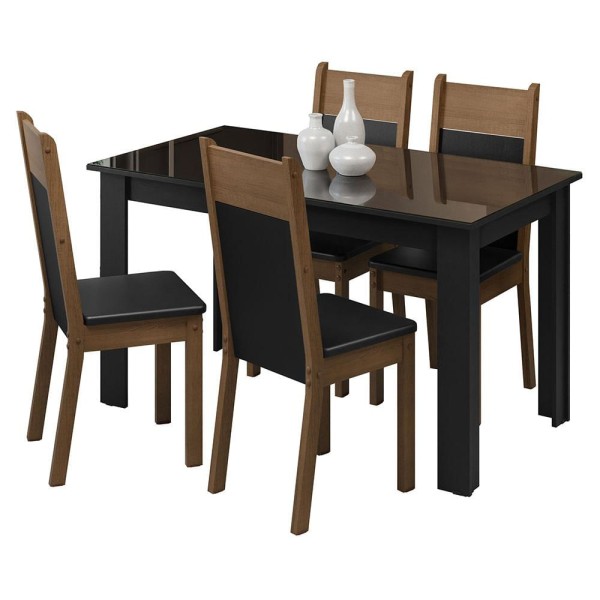 Encontraproduto.com.br - Conjunto Sala de Jantar Mesa Tampo de Vidro 4 Cadeiras Preto/Rustic Eloá Madesa