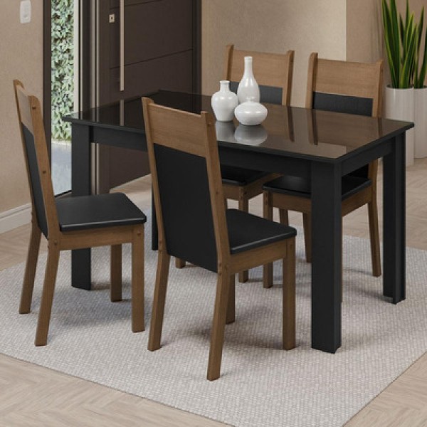 Encontraproduto.com.br - Conjunto Sala de Jantar Mesa Tampo de Vidro 4 Cadeiras Preto/Rustic Eloá Madesa