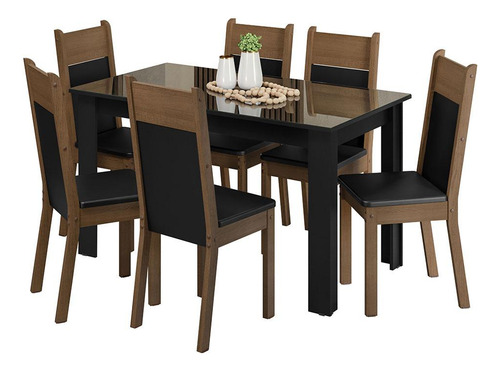 Conjunto Sala de Jantar Mesa Tampo de Vidro 6 Cadeiras Preto/Rustic Dora Madesa