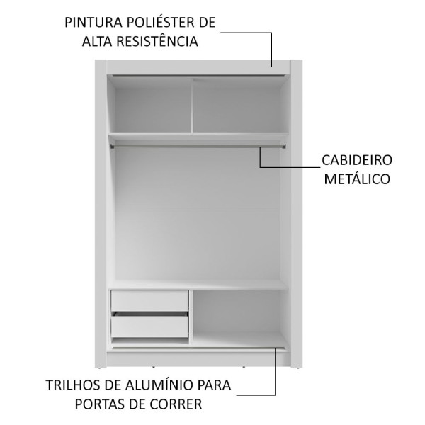 Encontraproduto.com.br - Guarda-Roupa Solteiro 2 Portas de Correr com Espelho 2 Gavetas Branco Vivare Madesa