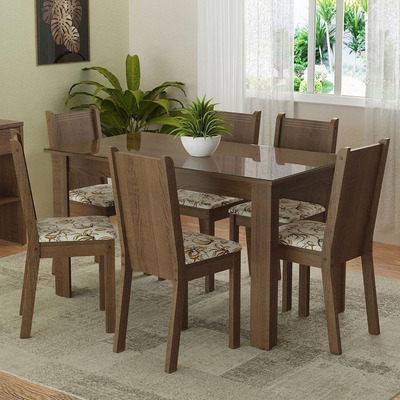 Encontraproduto.com.br - Conjunto Sala de Jantar Mesa Tampo de Vidro 6 Cadeiras Rustic/Lírio Bege Isla Madesa
