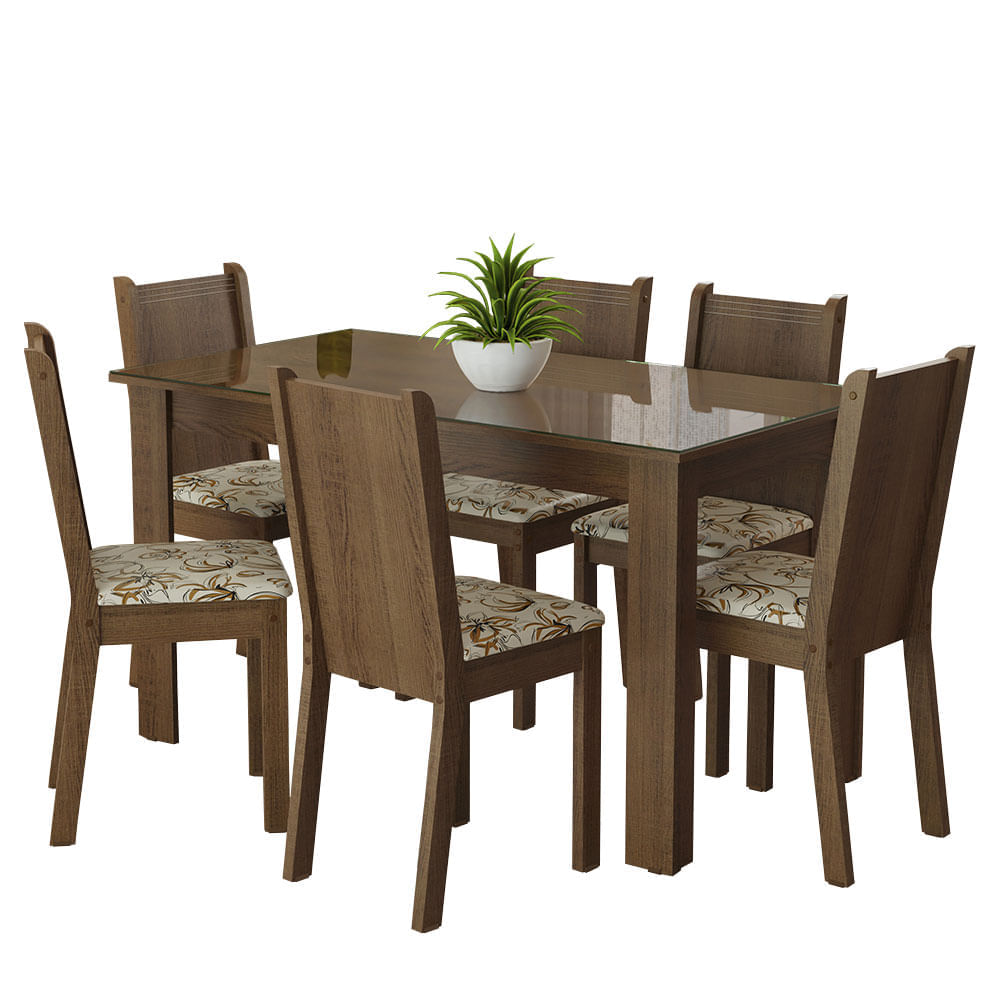 Encontraproduto.com.br - Conjunto Sala de Jantar Mesa Tampo de Vidro 6 Cadeiras Rustic/Lírio Bege Isla Madesa