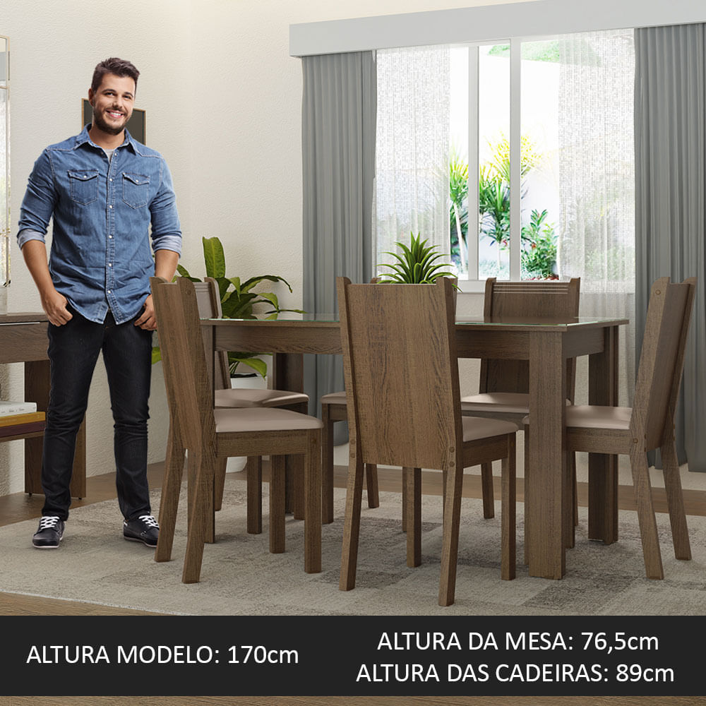 Encontraproduto.com.br - Conjunto Sala de Jantar Mesa Tampo de Vidro 6 Cadeiras Rustic/Sintético Bege Isla Madesa