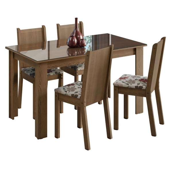 Encontraproduto.com.br - Conjunto Sala de Jantar Mesa Tampo de Vidro 4 Cadeiras Rustic/Hibiscos Kiara Madesa