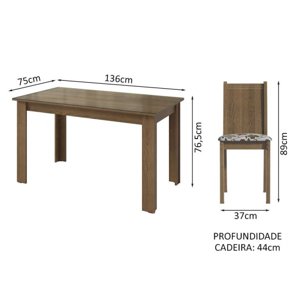 Encontraproduto.com.br - Conjunto Sala de Jantar Mesa Tampo de Vidro 4 Cadeiras Rustic/Hibiscos Kiara Madesa