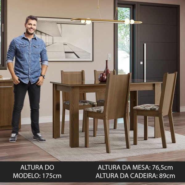 Encontraproduto.com.br - Conjunto Sala de Jantar Mesa Tampo de Vidro 4 Cadeiras Rustic/Hibiscos Kiara Madesa
