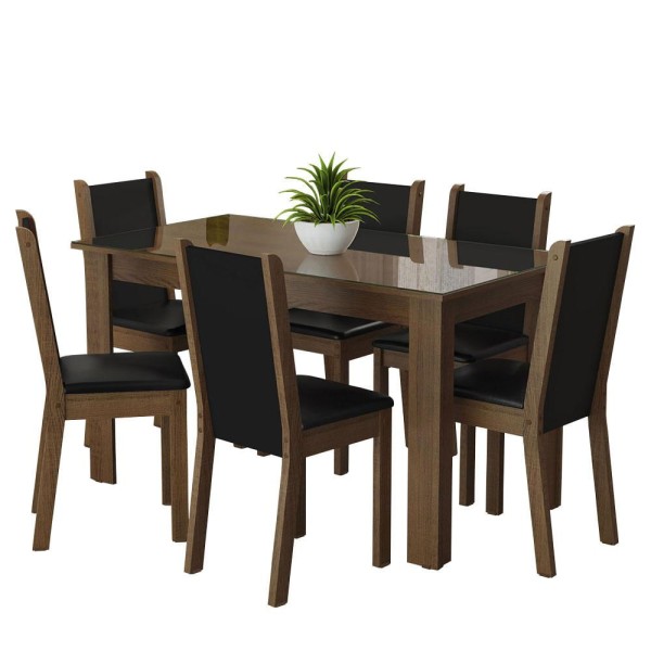 Encontraproduto.com.br - Conjunto Sala de Jantar Mesa Tampo de Vidro 6 Cadeiras Rustic/Preto Heloísa Madesa