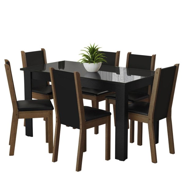 Encontraproduto.com.br - Conjunto Sala de Jantar Mesa Tampo de Vidro 6 Cadeiras Preto/Rustic Heloísa Madesa