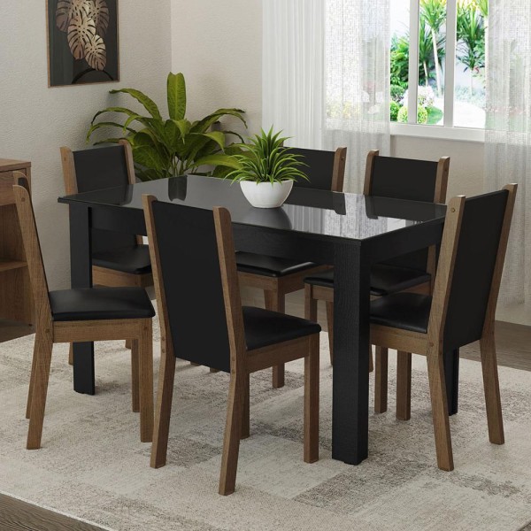 Encontraproduto.com.br - Conjunto Sala de Jantar Mesa Tampo de Vidro 6 Cadeiras Preto/Rustic Heloísa Madesa