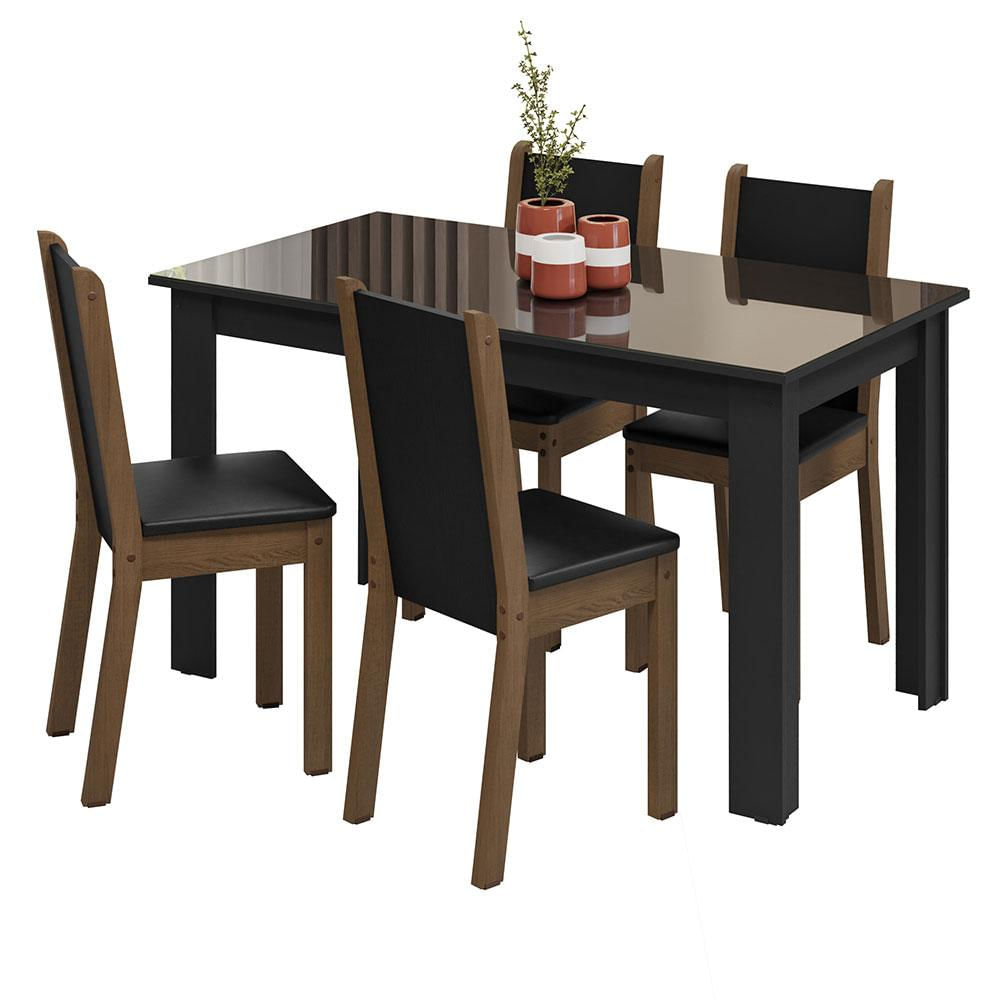 Encontraproduto.com.br - Conjunto Sala de Jantar Mesa Tampo de Vidro 4 Cadeiras Preto/Rustic Suzy Madesa