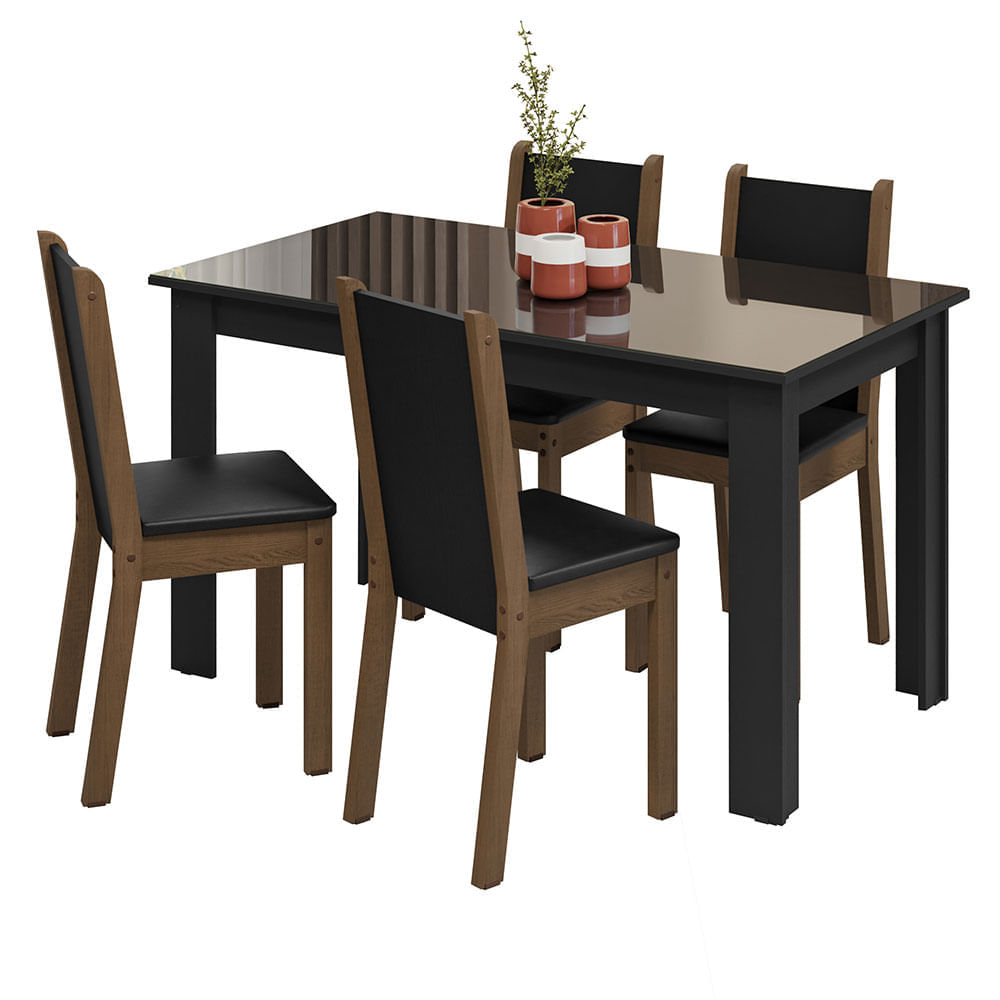 Encontraproduto.com.br - Conjunto Sala de Jantar Mesa Tampo de Vidro 4 Cadeiras Preto/Rustic Suzy Madesa