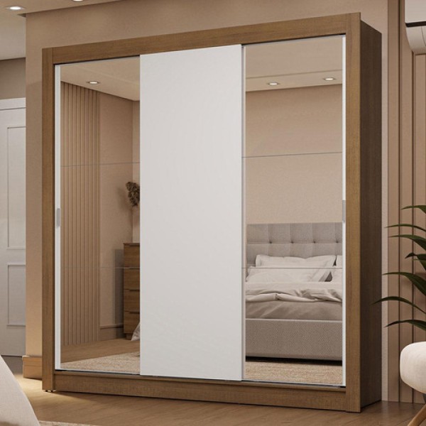 Guarda-Roupa Casal 3 Portas de Correr com Espelhos 2 Gavetas Rustic/Branco Sublime Madesa