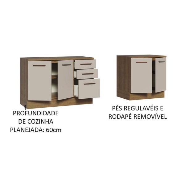 Encontraproduto.com.br - Kit com 2 Balcões Multiuso 4 Portas 3 Gavetas Rustic/Crema Agata Madesa