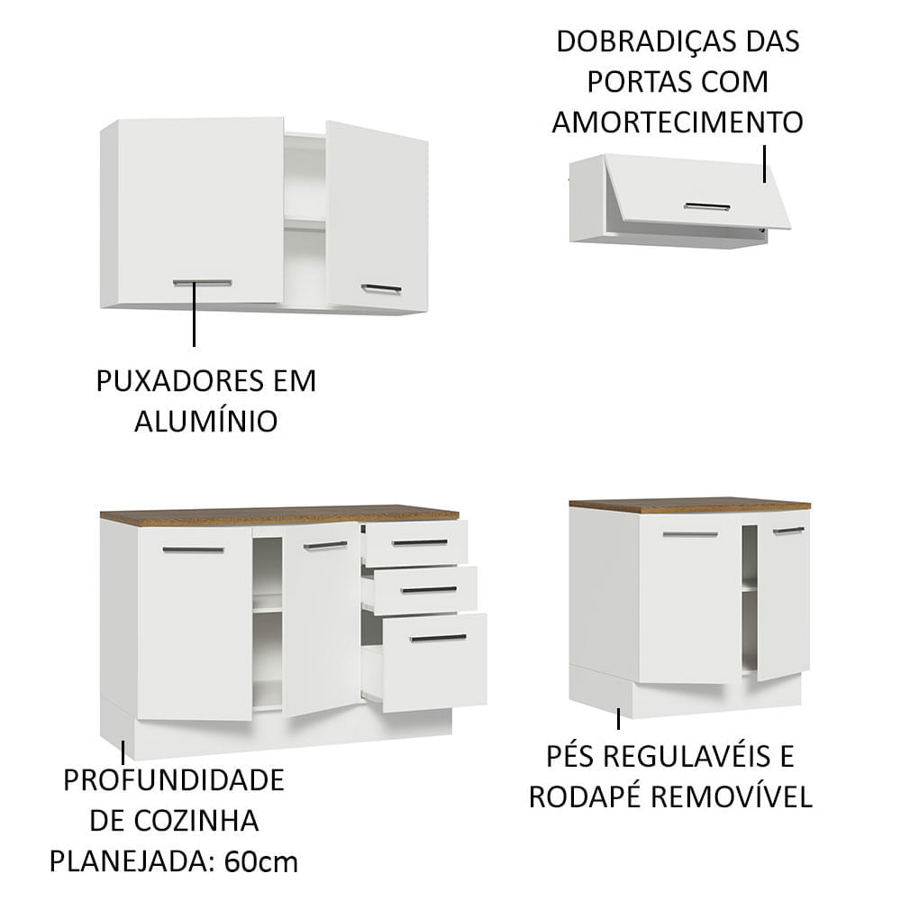 Encontraproduto.com.br - Kit com 2 Balcões e 2 Armários Aéreos Multiuso 200cm Branco/Rustic Agata Madesa