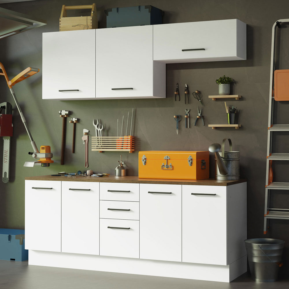 Encontraproduto.com.br - Kit com 2 Balcões e 2 Armários Aéreos Multiuso 200cm Branco/Rustic Agata Madesa