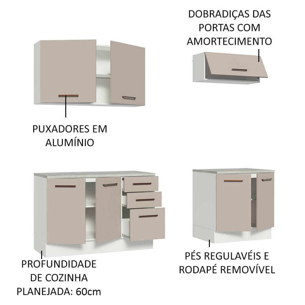 Encontraproduto.com.br - Kit com 2 Balcões e 2 Armários Aéreos Multiuso 200cm Branco/Crema Agata Madesa