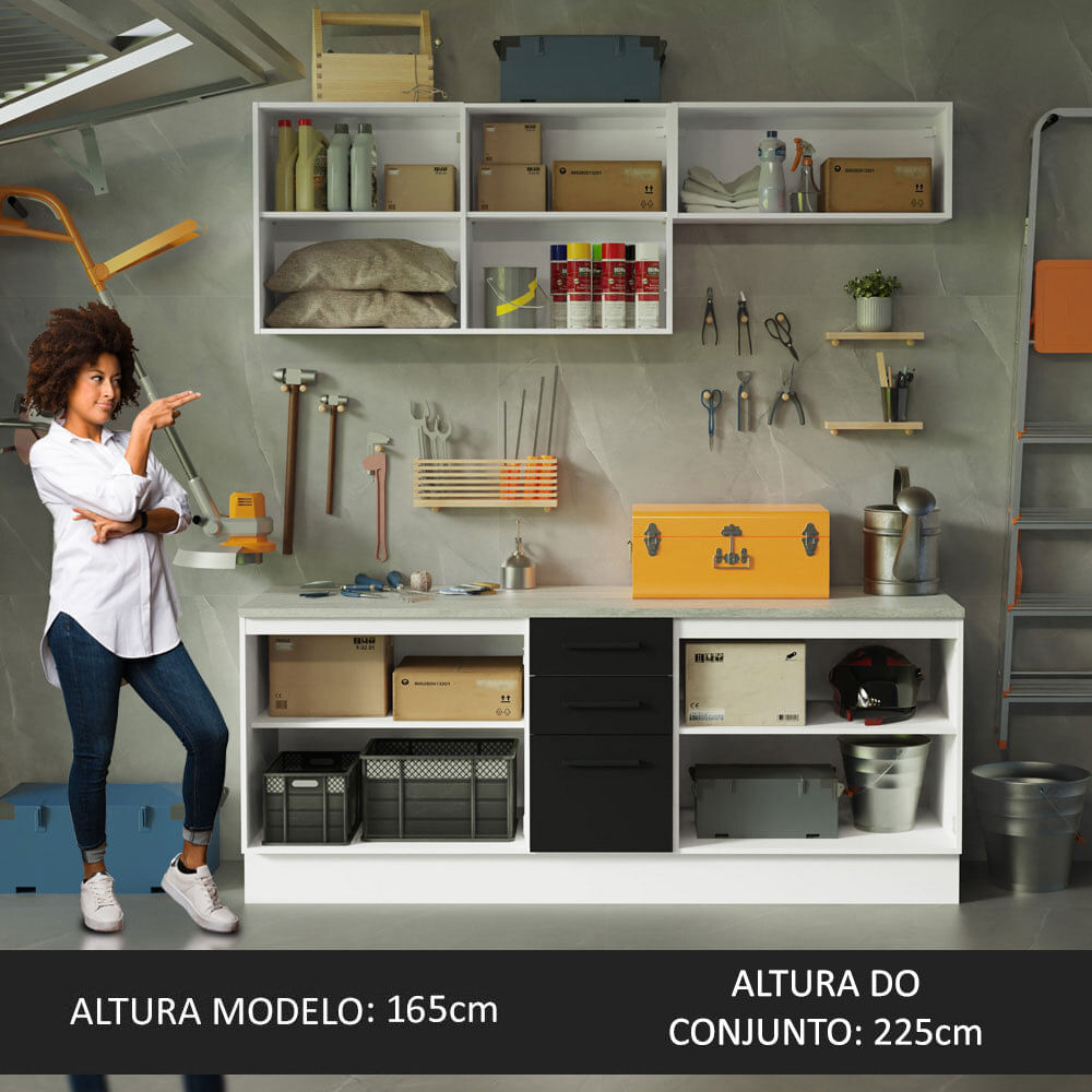 Encontraproduto.com.br - Kit com 2 Balcões e 2 Armários Aéreos Multiuso 200cm Branco/Preto Agata Madesa