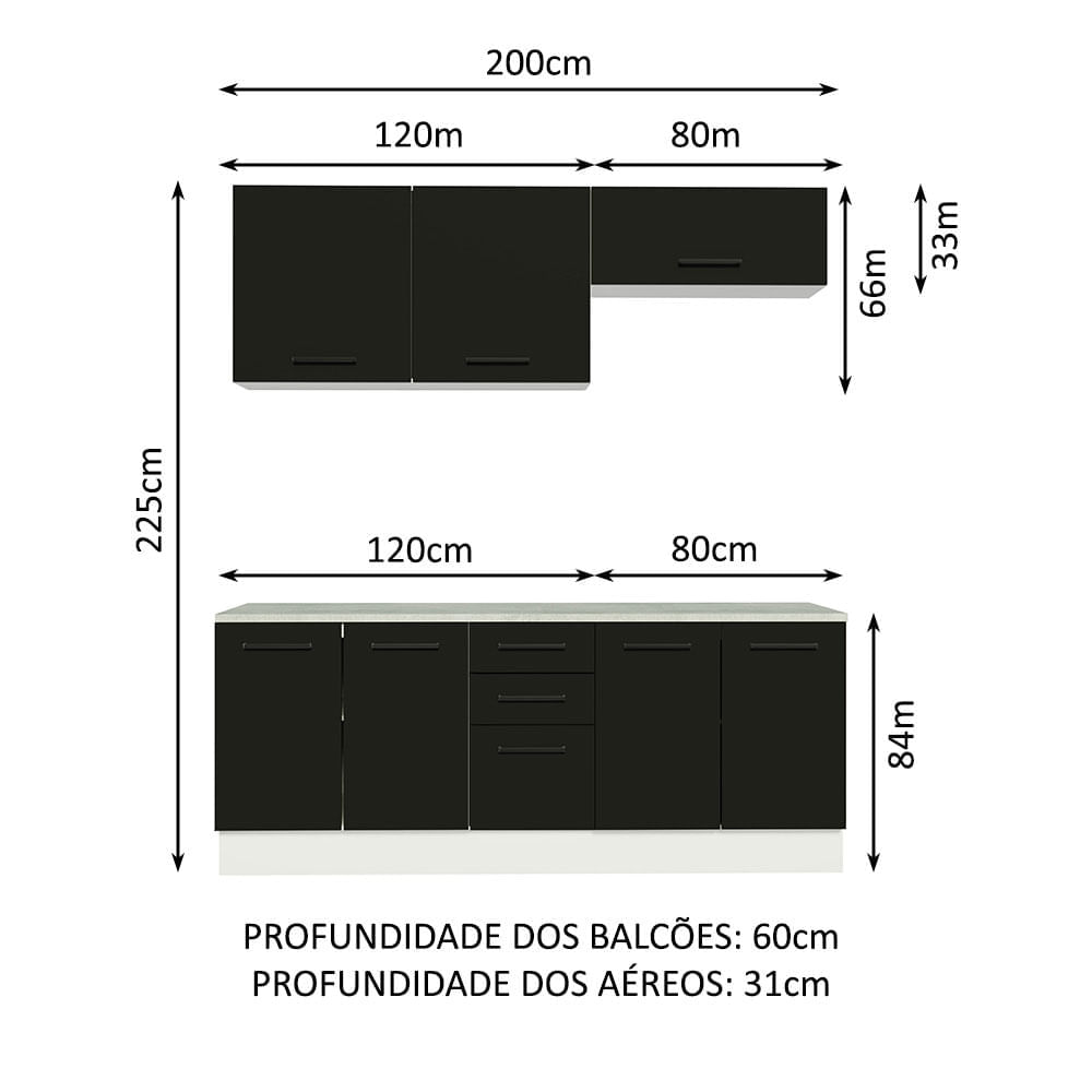 Encontraproduto.com.br - Kit com 2 Balcões e 2 Armários Aéreos Multiuso 200cm Branco/Preto Agata Madesa