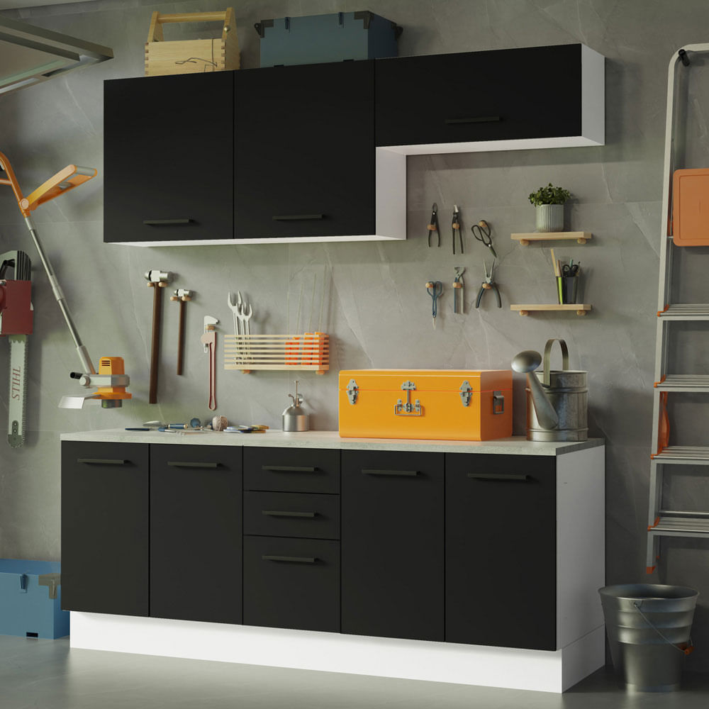 Encontraproduto.com.br - Kit com 2 Balcões e 2 Armários Aéreos Multiuso 200cm Branco/Preto Agata Madesa