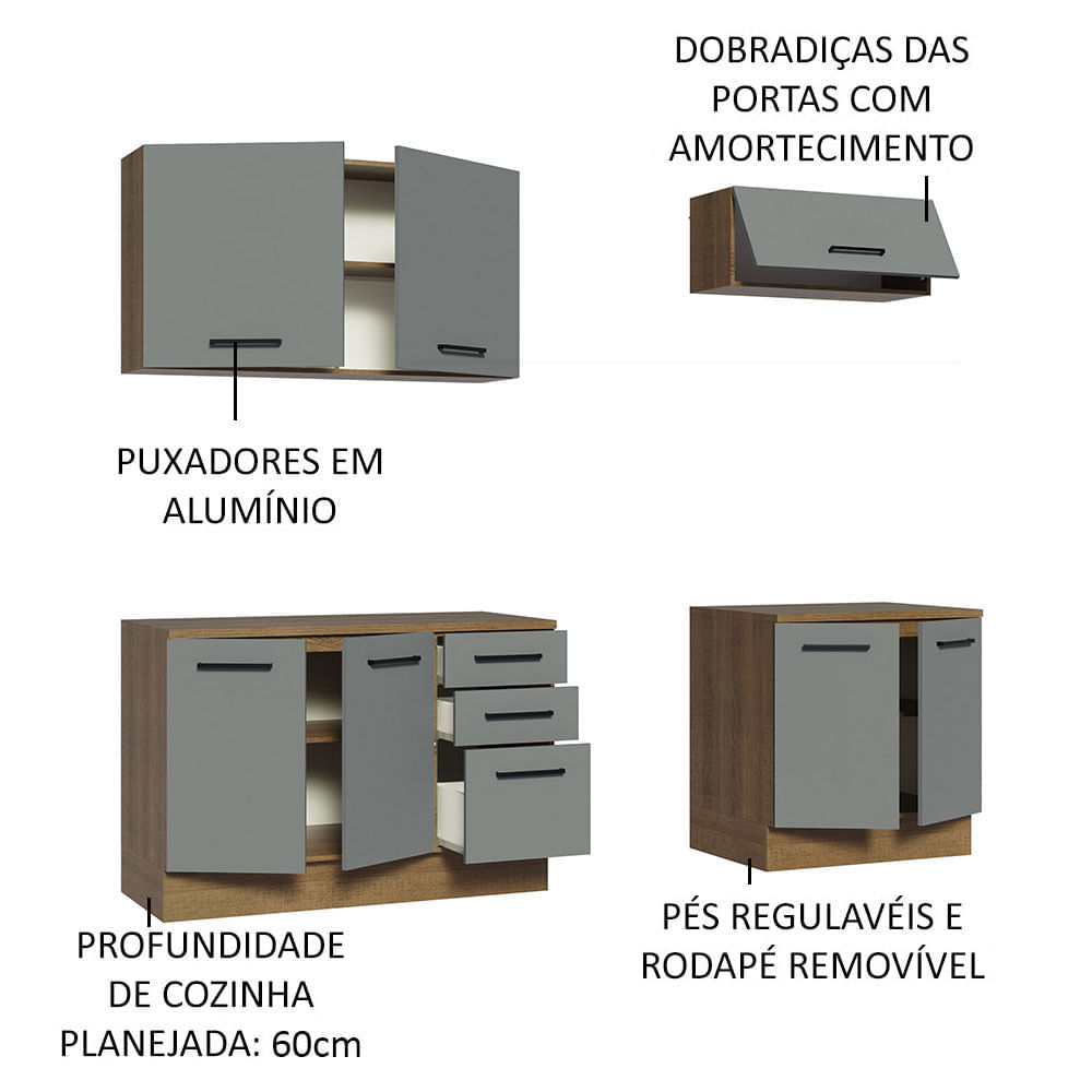 Encontraproduto.com.br - Kit com 2 Balcões e 2 Armários Aéreos Multiuso 200cm Rustic/Cinza Agata Madesa