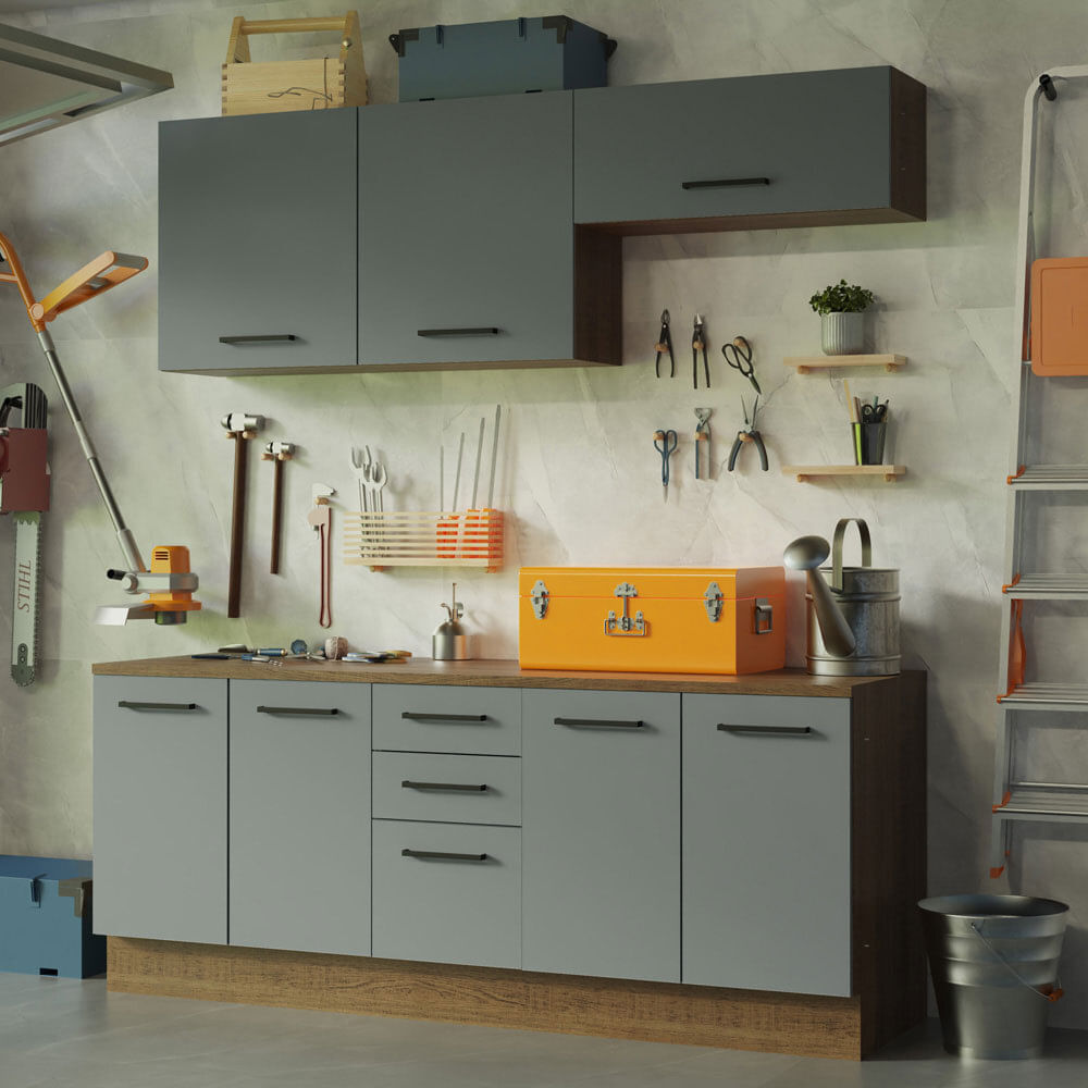 Encontraproduto.com.br - Kit com 2 Balcões e 2 Armários Aéreos Multiuso 200cm Rustic/Cinza Agata Madesa