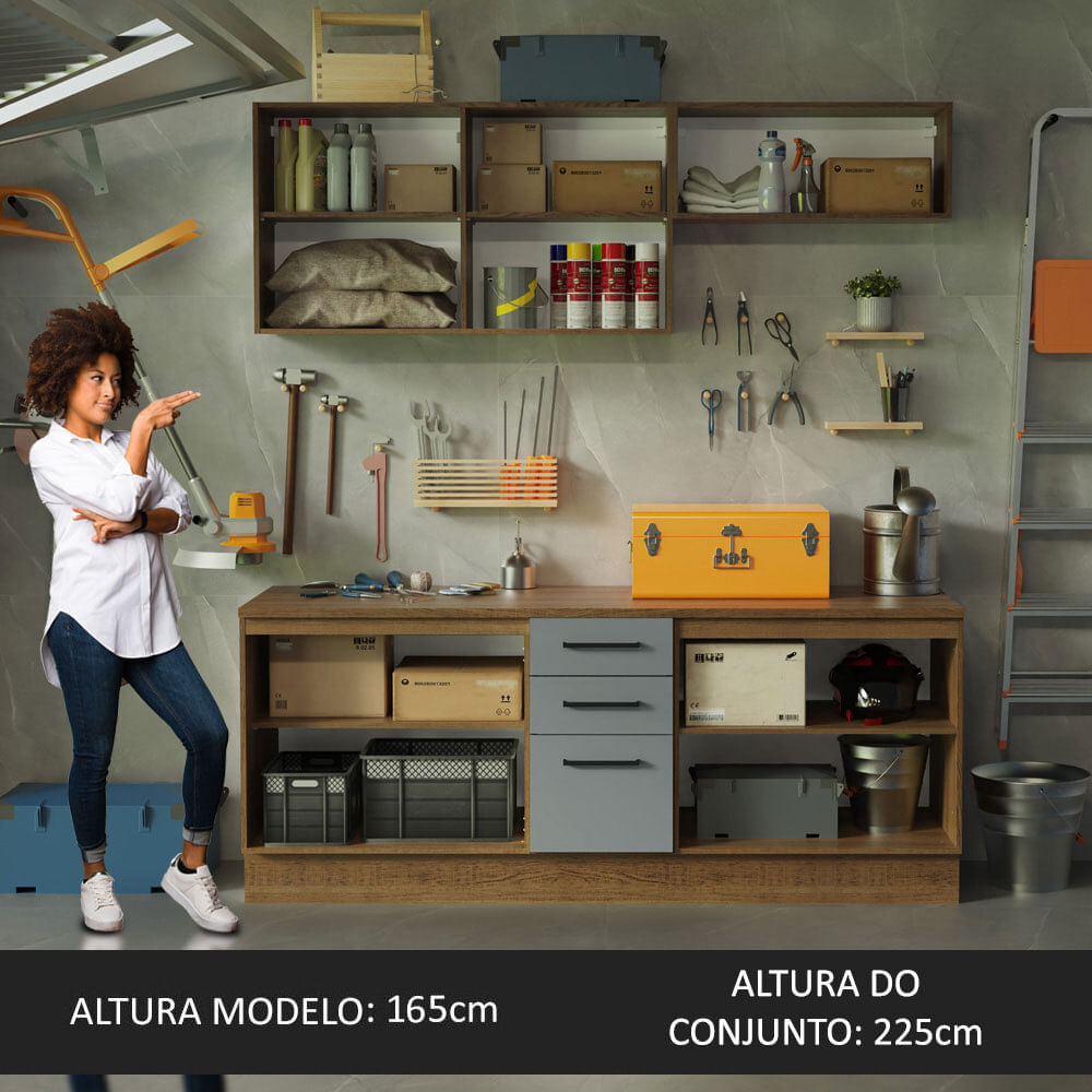 Encontraproduto.com.br - Kit com 2 Balcões e 2 Armários Aéreos Multiuso 200cm Rustic/Cinza Agata Madesa
