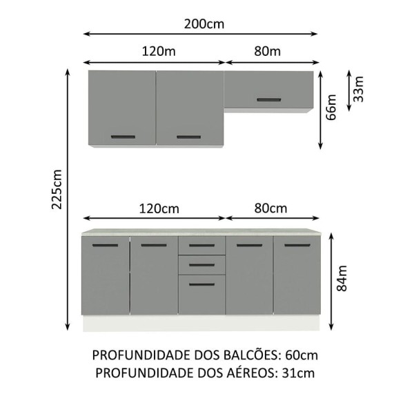 Encontraproduto.com.br - Kit com 2 Balcões e 2 Armários Aéreos Multiuso 200cm Branco/Cinza Agata Madesa