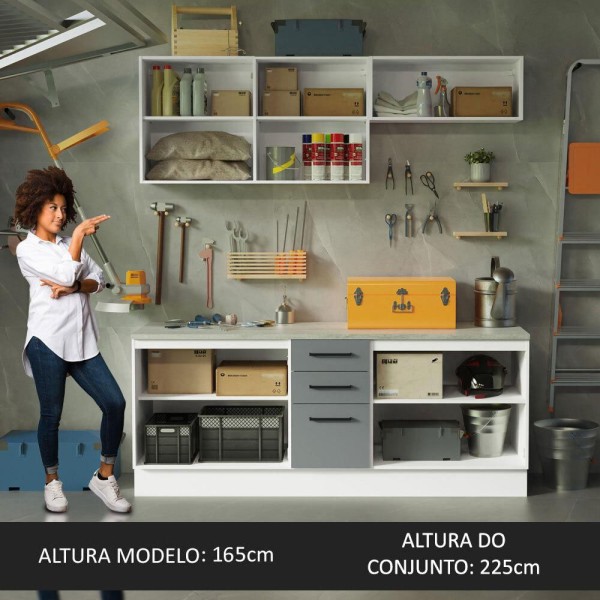 Encontraproduto.com.br - Kit com 2 Balcões e 2 Armários Aéreos Multiuso 200cm Branco/Cinza Agata Madesa