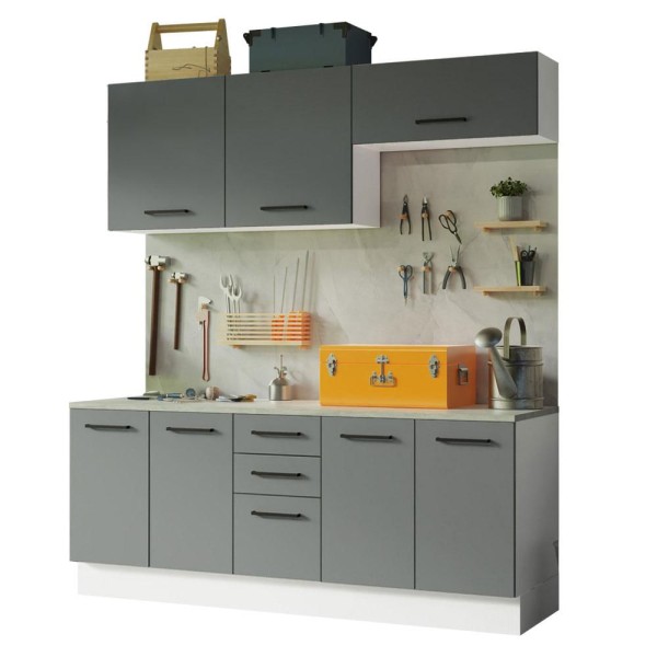 Encontraproduto.com.br - Kit com 2 Balcões e 2 Armários Aéreos Multiuso 200cm Branco/Cinza Agata Madesa