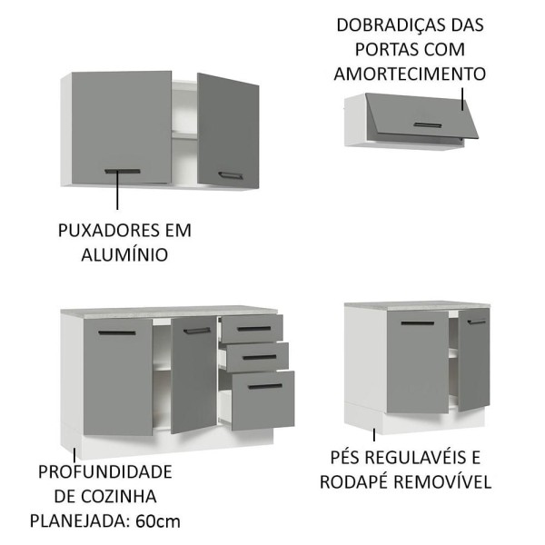 Encontraproduto.com.br - Kit com 2 Balcões e 2 Armários Aéreos Multiuso 200cm Branco/Cinza Agata Madesa