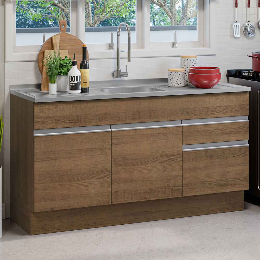 Balcão Gabinete com Pia 150 cm 2 Portas 2 Gavetas Rustic Glamy Madesa