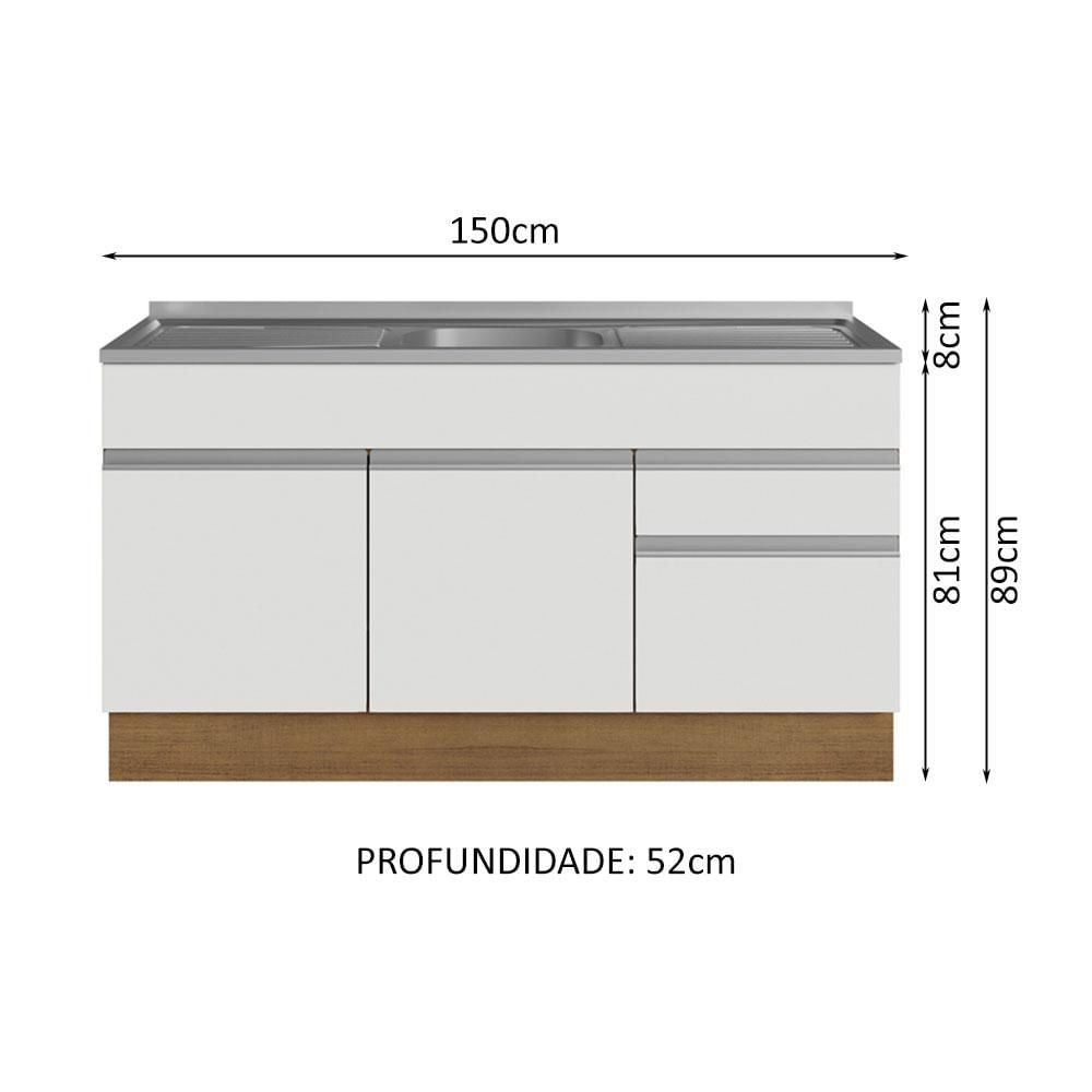 Balcão Gabinete com Pia 150 cm 2 Portas 2 Gavetas Rustic/Branco Glamy Madesa