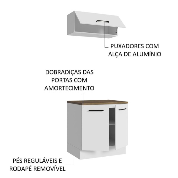 Encontraproduto.com.br - Kit com Balcão e Armário Aéreo Multiuso 80cm Branco/Rustic Agata Madesa