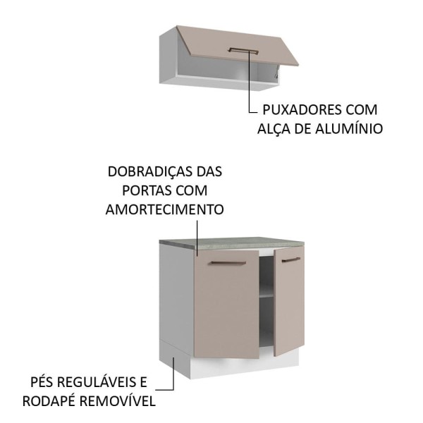 Encontraproduto.com.br - Kit com Balcão e Armário Aéreo Multiuso 80cm Branco/Crema Agata Madesa