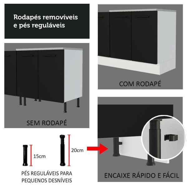 Encontraproduto.com.br - Kit com Balcão e Armário Aéreo Multiuso 80cm Branco/Preto Agata Madesa