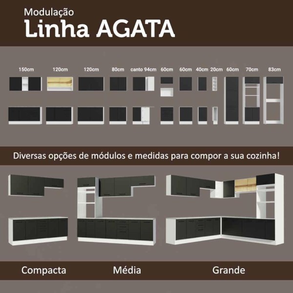 Encontraproduto.com.br - Kit com Balcão e Armário Aéreo Multiuso 80cm Branco/Preto Agata Madesa