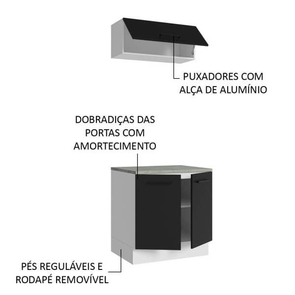 Encontraproduto.com.br - Kit com Balcão e Armário Aéreo Multiuso 80cm Branco/Preto Agata Madesa
