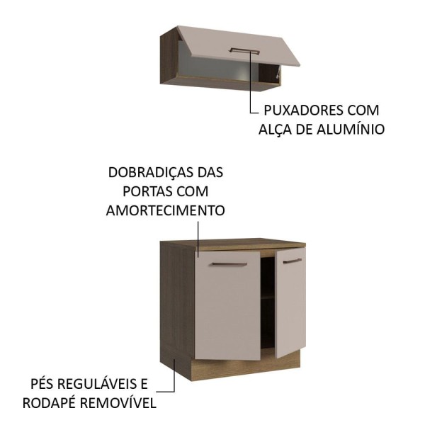 Encontraproduto.com.br - Kit com Balcão e Armário Aéreo Multiuso 80cm Rustic/Crema Agata Madesa