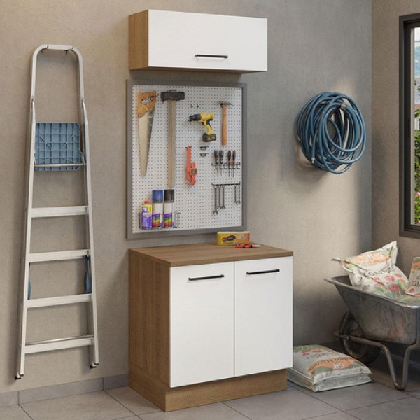 Encontraproduto.com.br - Kit com Balcão e Armário Aéreo Multiuso 80cm Rustic/Branco Agata Madesa