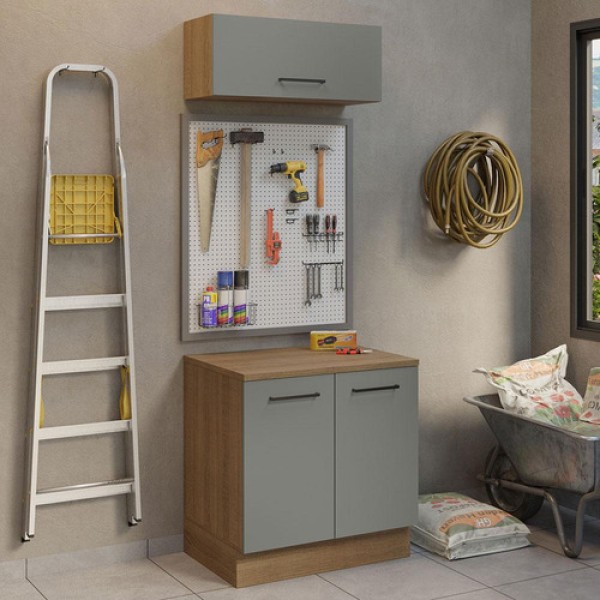 Encontraproduto.com.br - Kit com Balcão e Armário Aéreo Multiuso 80cm Rustic/Cinza Agata Madesa