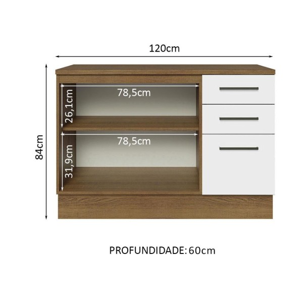 Encontraproduto.com.br - Balcão Multiuso 120cm 2 Portas 3 Gavetas Rustic/Branco Agata Madesa