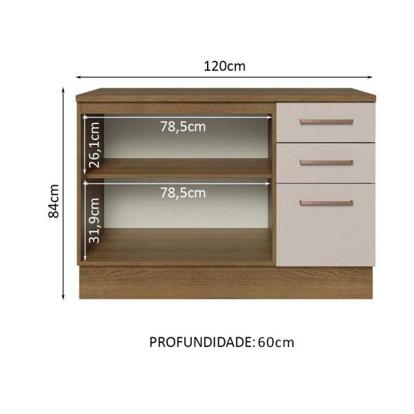 Encontraproduto.com.br - Balcão Multiuso 120cm 2 Portas 3 Gavetas Rustic/Crema Agata Madesa