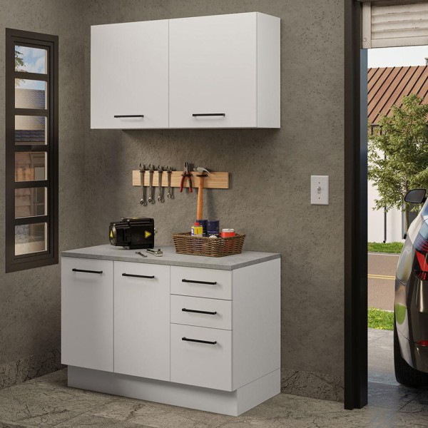 Encontraproduto.com.br - Kit com Balcão e Armário Aéreo Multiuso 120cm Branco Agata Madesa