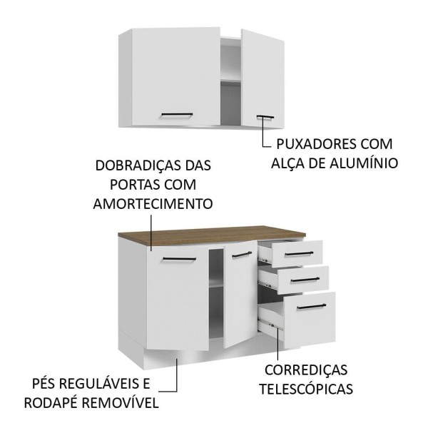 Encontraproduto.com.br - Kit com Balcão e Armário Aéreo Multiuso 120cm Branco/Rustic Agata Madesa