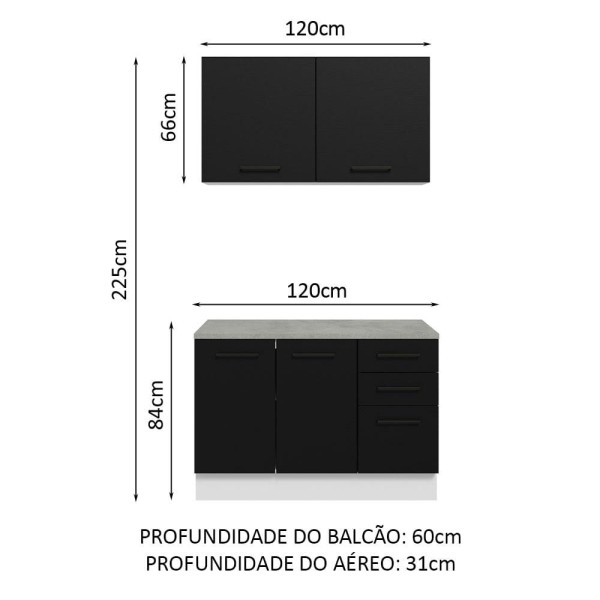 Encontraproduto.com.br - Kit com Balcão e Armário Aéreo Multiuso 120cm Branco/Preto Agata Madesa