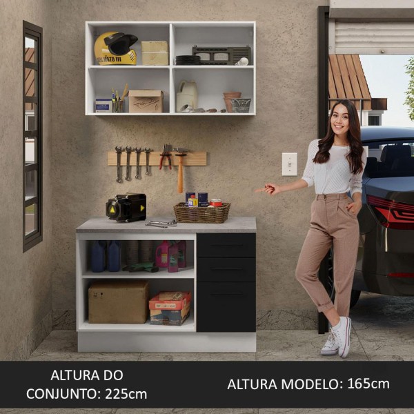 Encontraproduto.com.br - Kit com Balcão e Armário Aéreo Multiuso 120cm Branco/Preto Agata Madesa