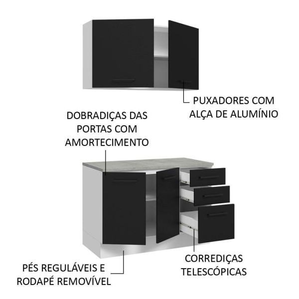 Encontraproduto.com.br - Kit com Balcão e Armário Aéreo Multiuso 120cm Branco/Preto Agata Madesa