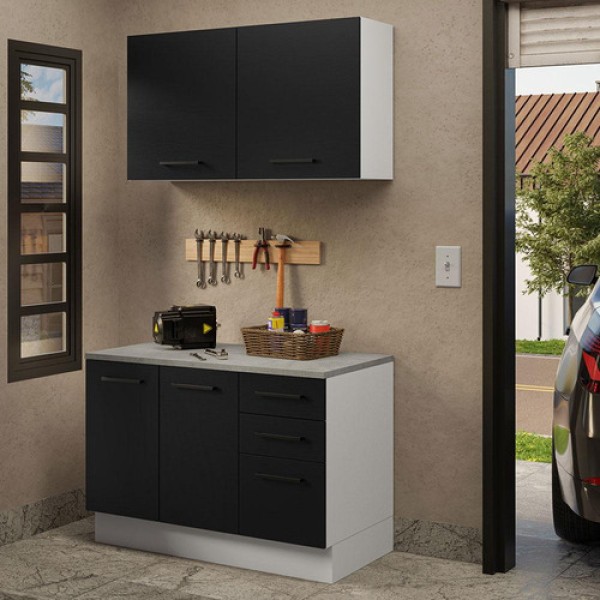 Encontraproduto.com.br - Kit com Balcão e Armário Aéreo Multiuso 120cm Branco/Preto Agata Madesa