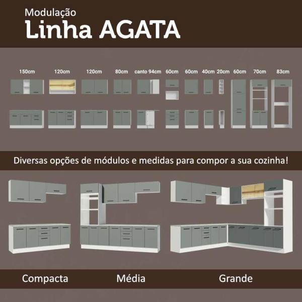 Encontraproduto.com.br - Kit com Balcão e Armário Aéreo Multiuso 120cm Branco/Cinza Agata Madesa