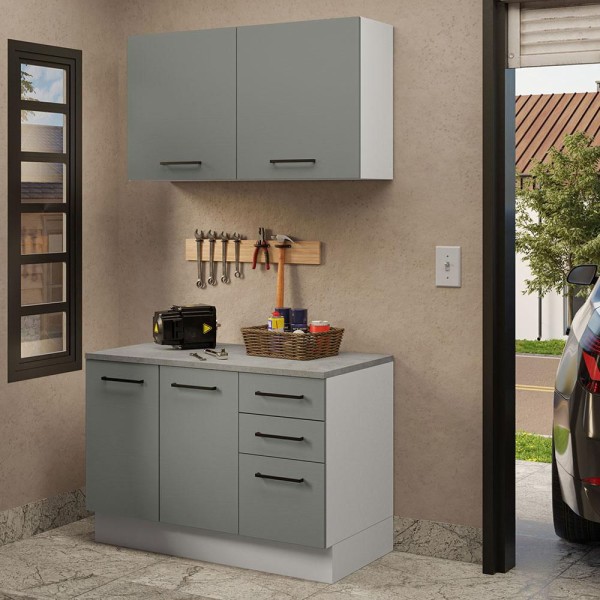 Encontraproduto.com.br - Kit com Balcão e Armário Aéreo Multiuso 120cm Branco/Cinza Agata Madesa